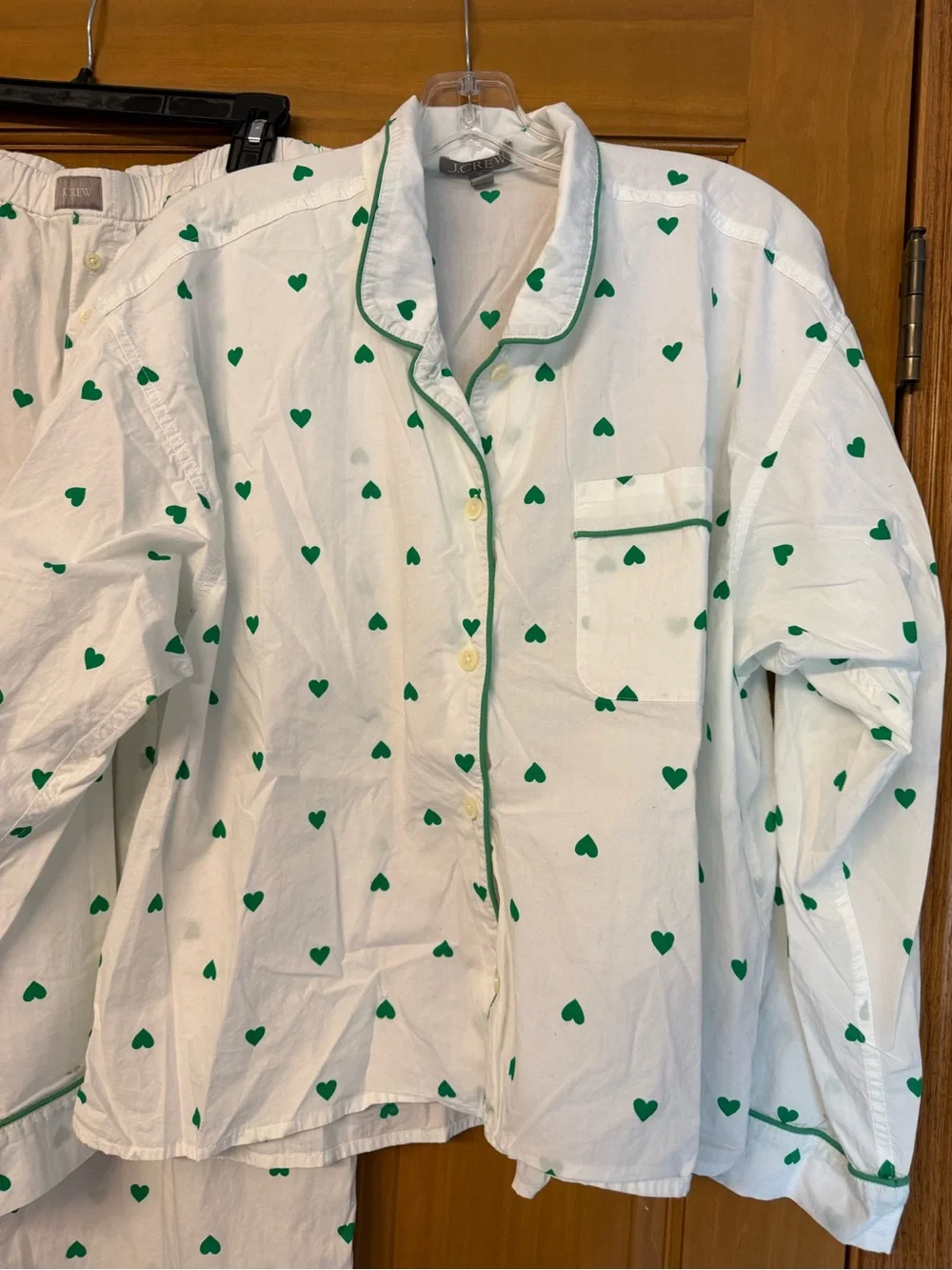 J. Crew White Pajama Set with Green Heart Print